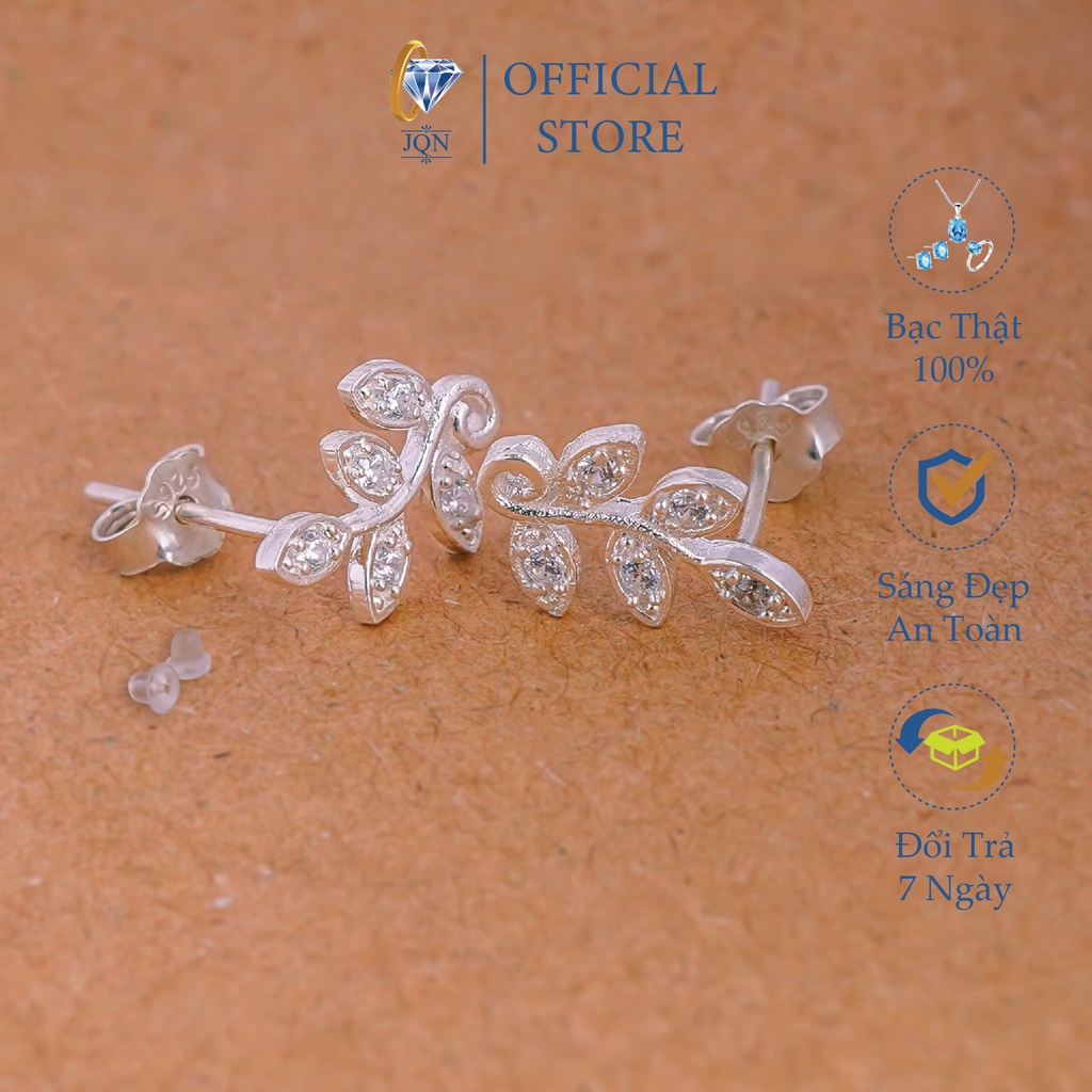Bông tai bạc giá rẻ hình chiếc lá nhỏ gắn đá xinh xắn/ Trang sức bạc JQN