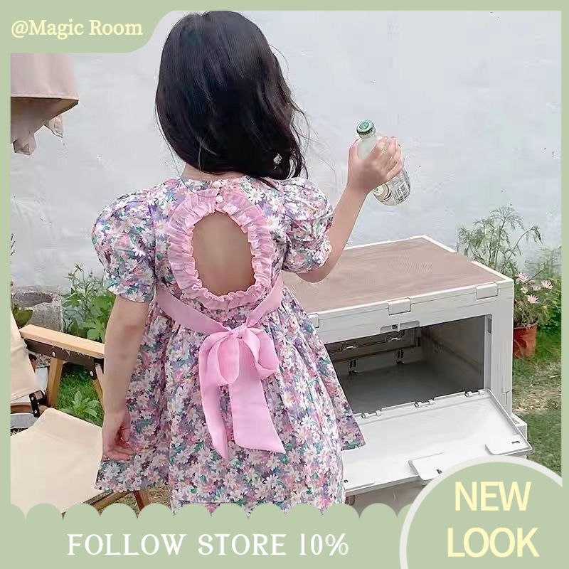 Babyfair. Đầm Bé Gái Cotton Tay Phồng Cổ Tròn In Hoa Mùa Hè Có Nơ Sau Cho Trẻ Em