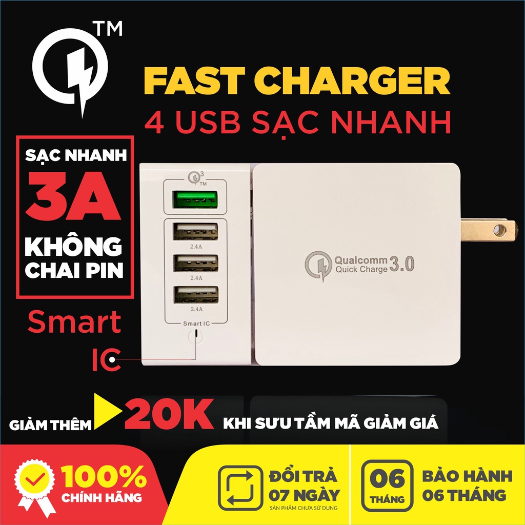 Củ Sạc Nhanh 4 Cổng (1 Cổng SẠC NHANH QI 3.0A ) 3 CỔNG 2.4 A. ( TẶNG 1 DÂY SẠC SAMSUNG ) MRCAU