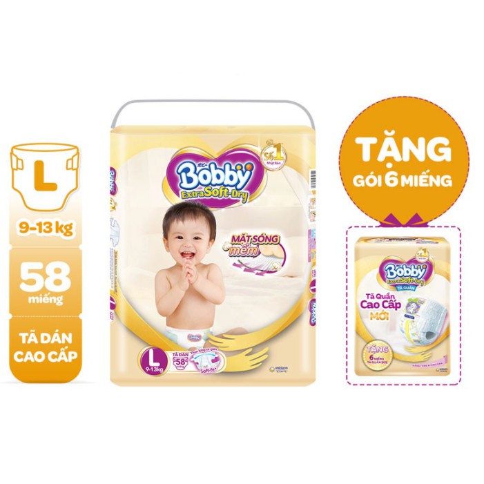 Tã Dán Bobby Extra Soft Dry L58/M64/S74/XL52/M34/L30/XL27/xxl24(có tặng và không tặng )