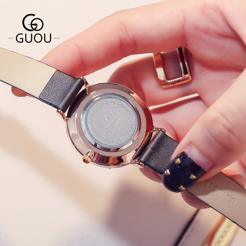 Đồng hồ đeo tay nữ chính hãng Guou dây da số vạch đẹp viền vàng đơn giản chống nước 6003