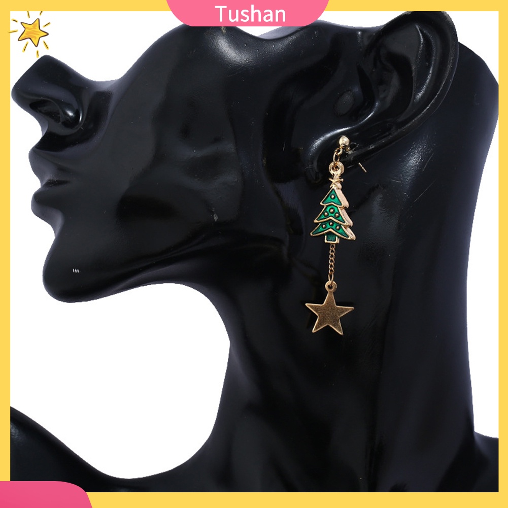 TUSH_Phụ nữ Giáng sinh Cây Mía Ngôi sao Dangle Bông tai Stud bất đối xứng Trang sức Quà tặng Giáng sinh