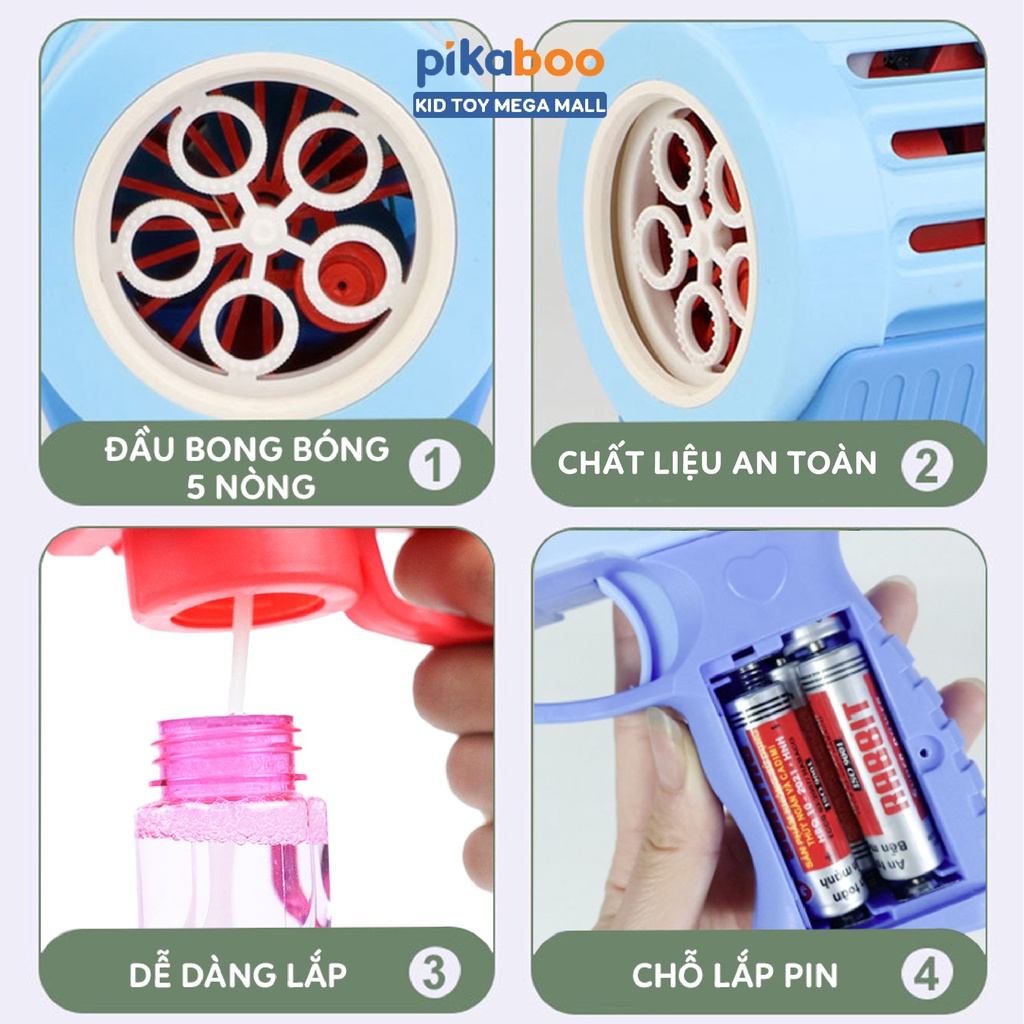 Súng bắn bong bóng xà phòng Pikaboo cho bé thiết kế 5 nòng cỡ bự làm từ nhựa an toàn