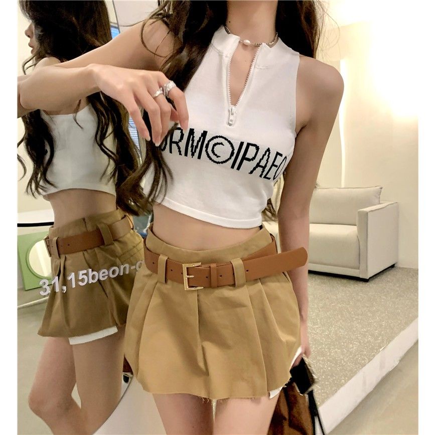 Áo croptop Sát Nách Màu Đen Phối Khoá Kéo Hoạ Tiết Chữ In