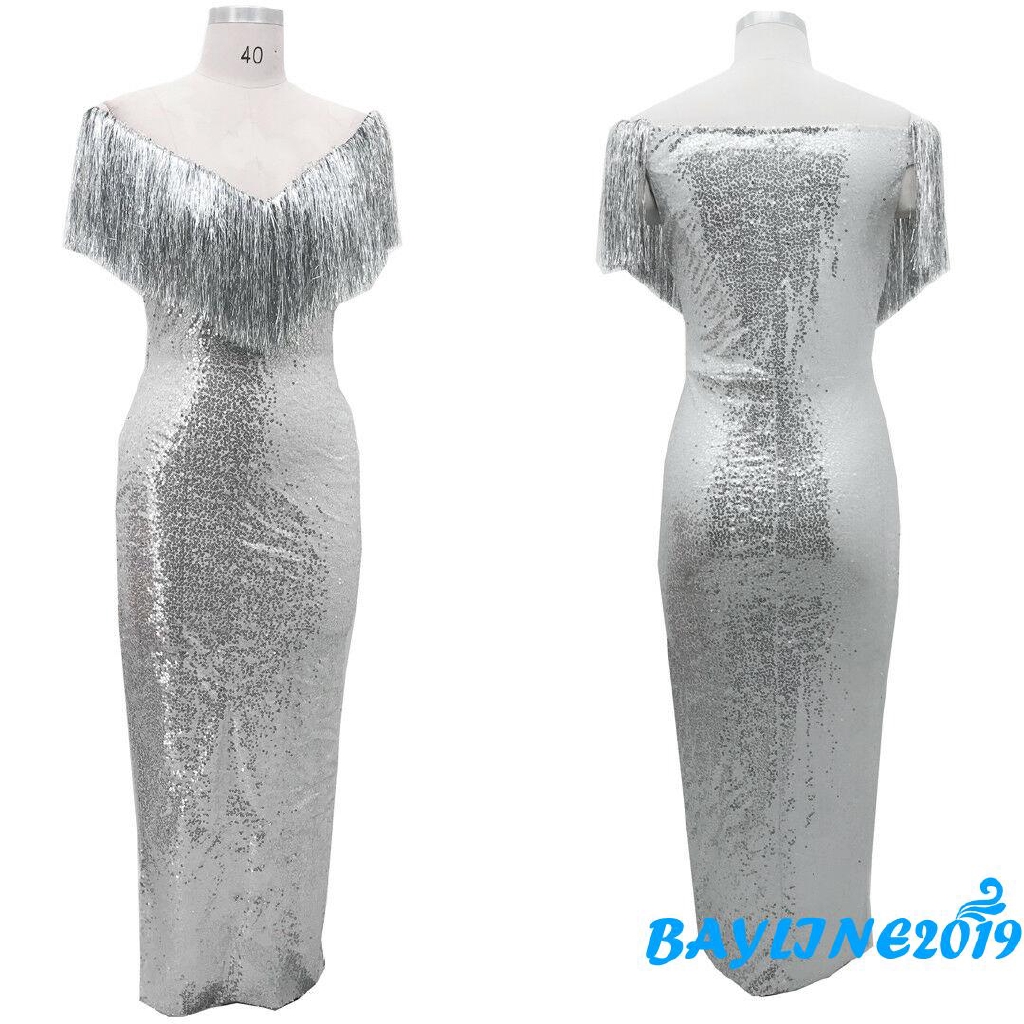 Đầm bó trễ vai cổ chữ V đính kim tuyến lấp lánh phối tua rua sang trọng dành cho nữ