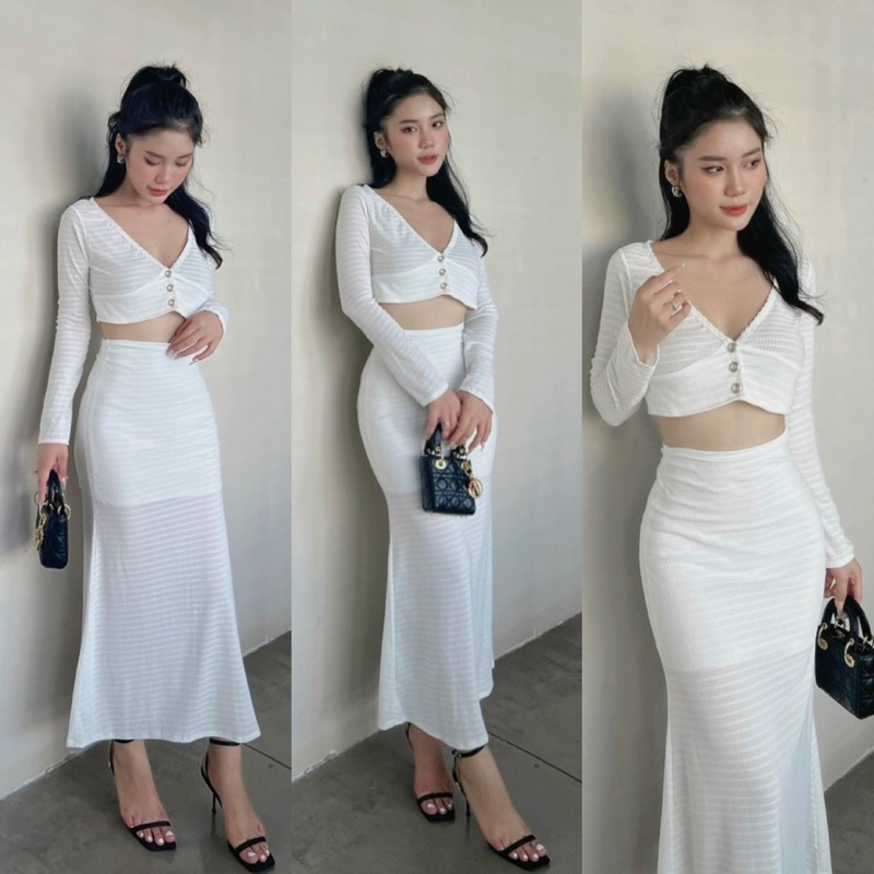 Set ren trắng vàng áo croptop tay dài cổ V + chân váy loe sang trọng quyến rũ, đầm dài đi chơi/biển du lịch kín đáo