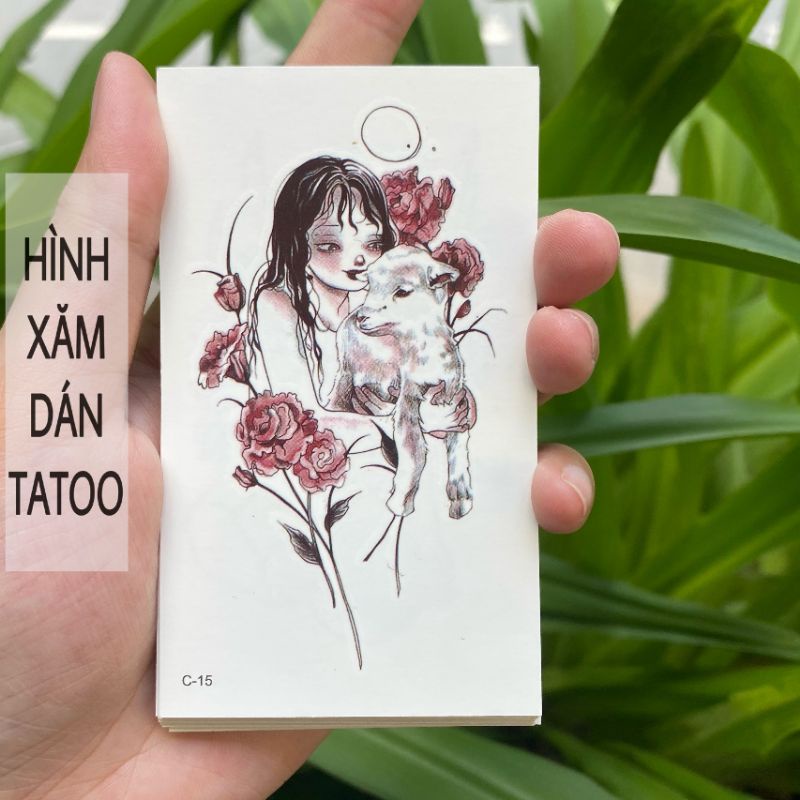 Hình xăm cô gái bên chú dê con c15. Tatoo dán tạm thời size &lt;10x6cm