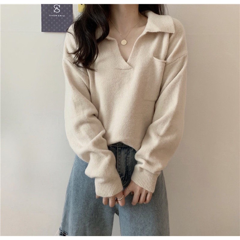 [CÓ SẴN+ẢNH THẬT] Áo len nữ form rộng cổ V mix túi ngực mẫu 2021 | BigBuy360 - bigbuy360.vn