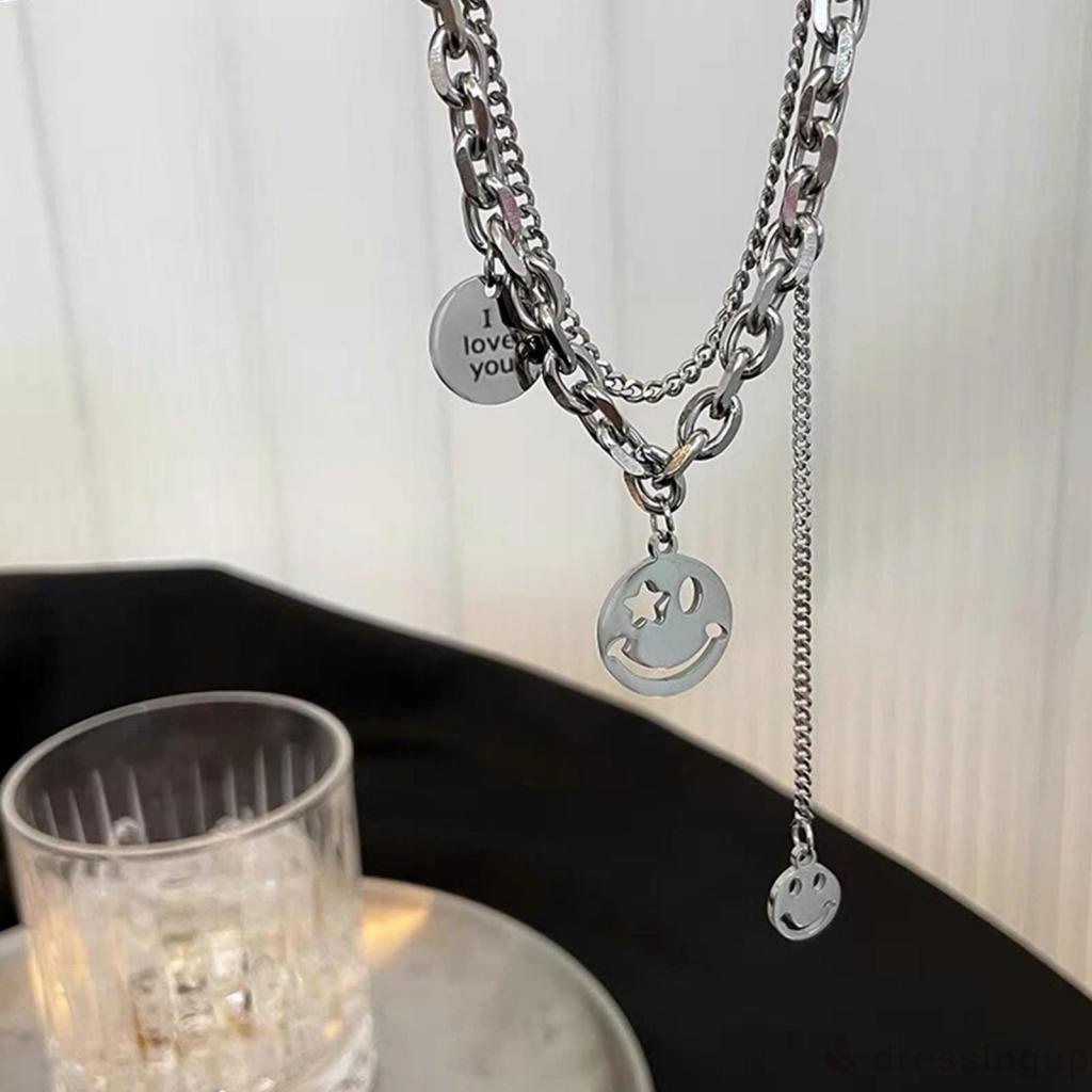 DRE-Women Layered Necklace , Alloy Smile Face Charm Chain Necklace , Silver