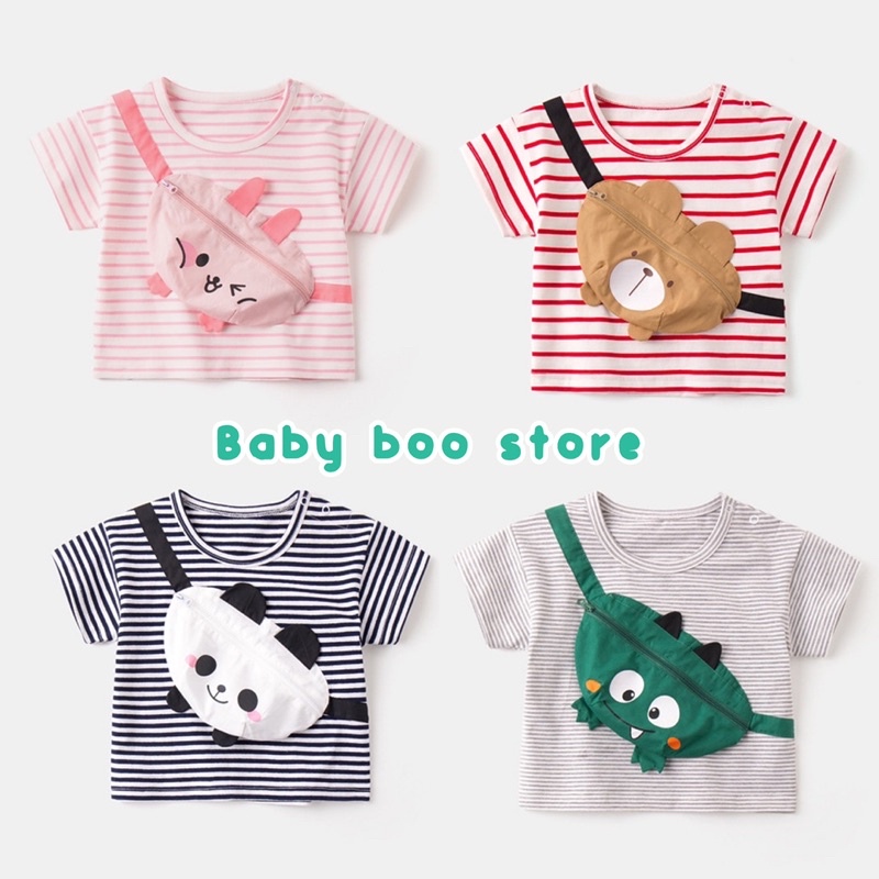 Áo thun cộc tay kẻ ngang có túi giả hình thú xinh xắn cho bé trai,bé gái