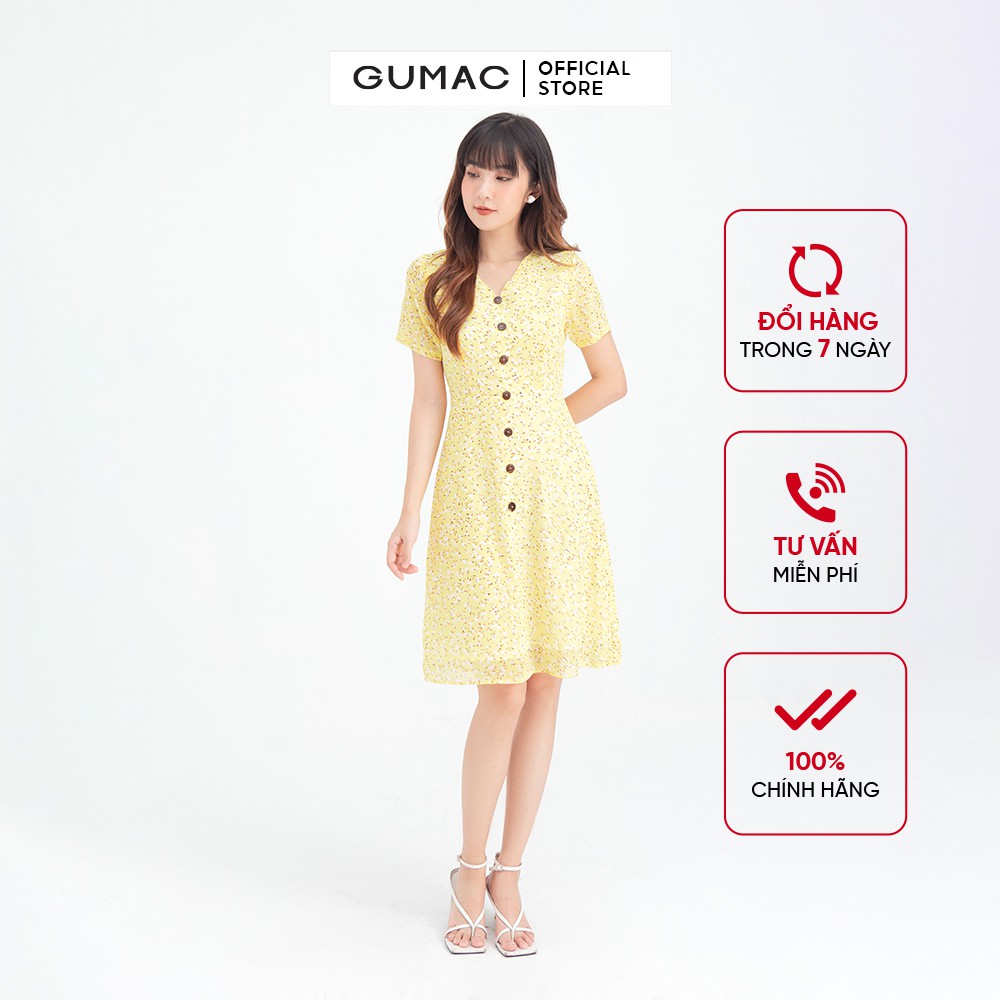 [Mã MABR07062 giảm 8% tối đa 50K đơn từ 249K] Đầm xòe hoa nhí cổ V nút gỗ GUMAC DA1096