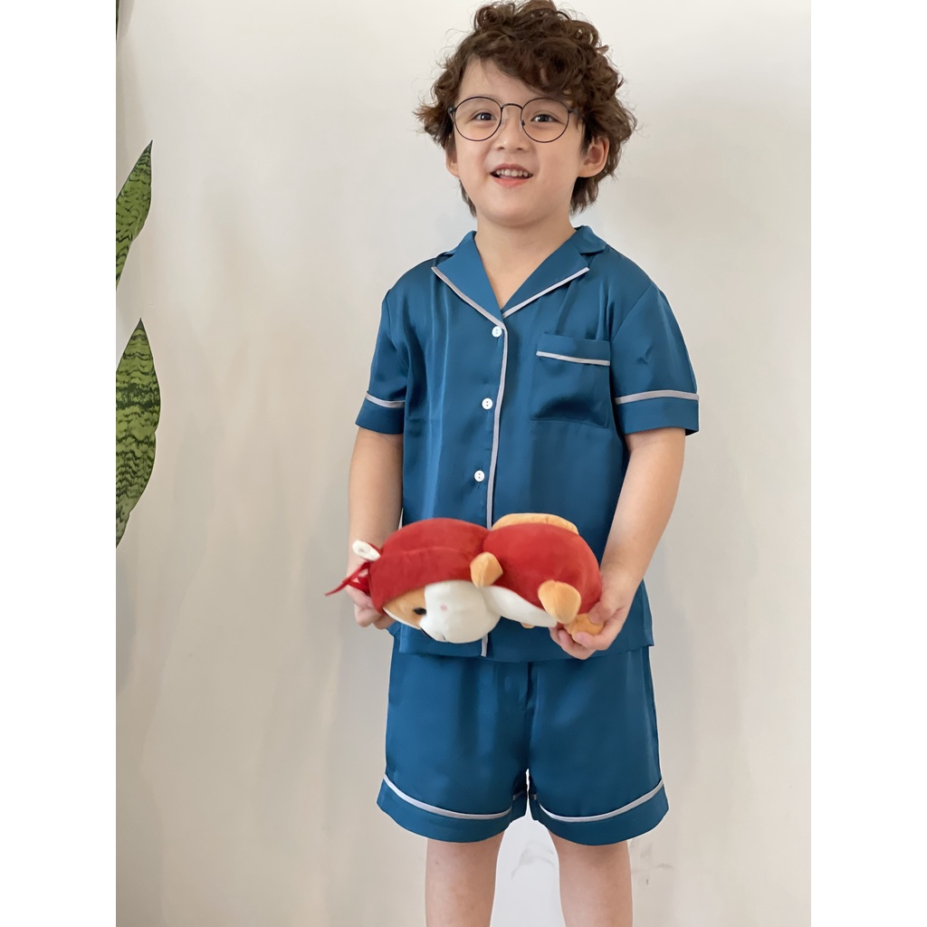 Set ngủ pijama lụa cộc tay bé trai 137KIDS thiết kế cao cấp viền kẻ sang chảnh