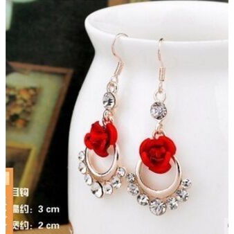 Bông tai dáng dài họa tiết hoa hồng đính đá thanh lịch sang trọng