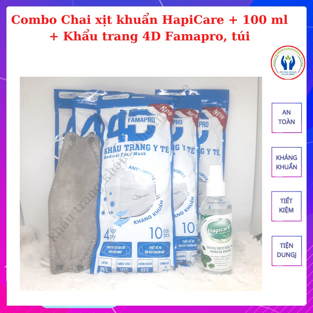 [COMBO 50+ 1] Chai xịt Khuẩn, khẩu trang 4D FAMAPRO (1 chai 100 ml + 50 cái khẩu trang loại xịn)