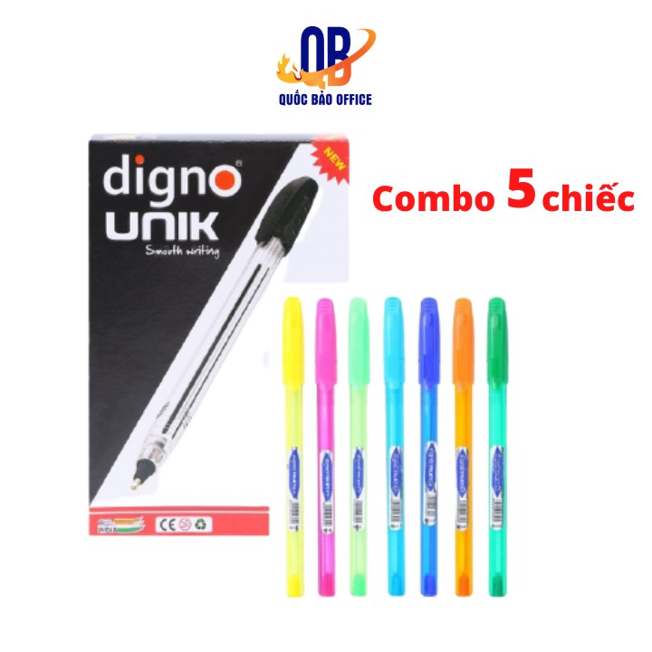 Combo 5 cây Bút bi nhiều màu Digno Unik - Mực xanh - màu ngẫu nhiên