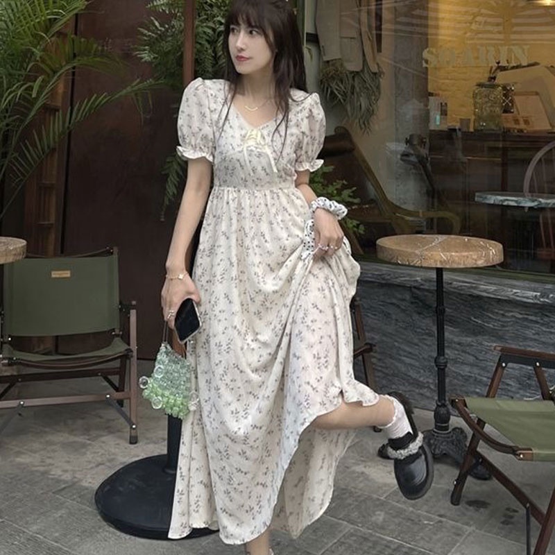 Đầm Xin LAN YA SHE voan tay phồng họa tiết hoa phong cách Pháp váy thiết kế tay bồng