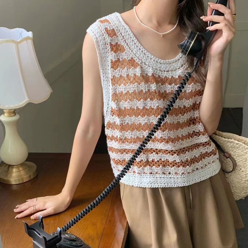 Brroa Áo Crop Top Len Móc Xuyên Thấu Hở Lỗ Gợi Cảm
