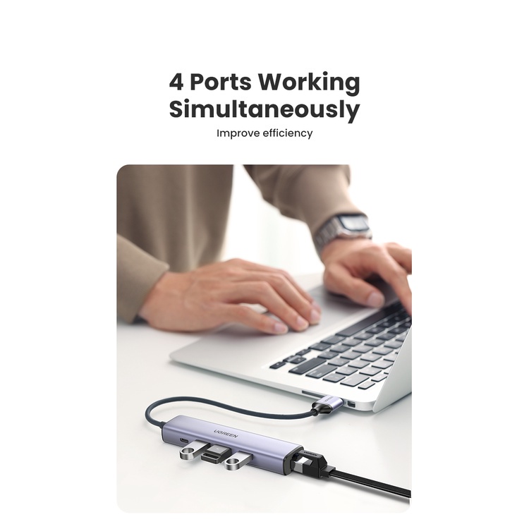 Bộ Hub UGREEN 20915 chia USB 3.0 ra 3 cổng USB 3.0 + Lan Gigabit 1000Mbps - Hàng chính hãng