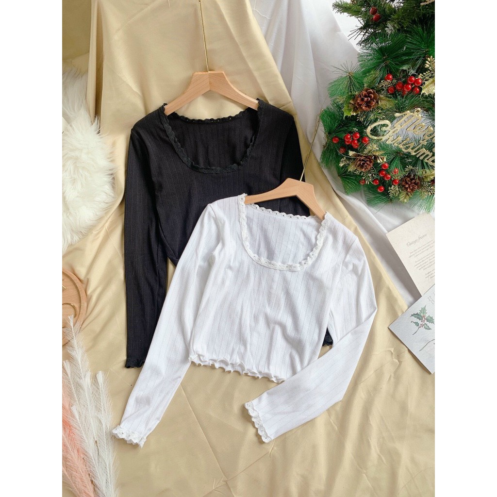 áo croptop thun gân tay dài viền ren cổ xinh hot tôn dáng