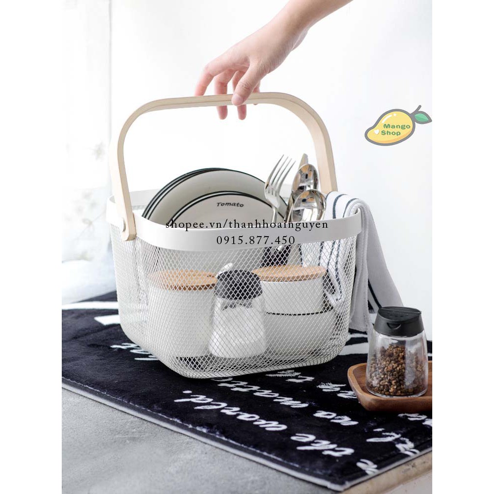 Giỏ đựng đồ sang trọng tay cầm gỗ phong cách Bắc Âu ( Rổ Sắt to đi picnic đựng hoa quả đồ ăn vặt vintage )