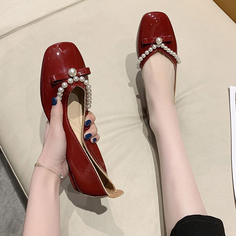 Giày búp bê gót dày cổ thấp đính ngọc trai thời trang mùa xuân cho nữ