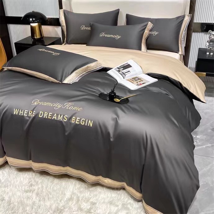 Trọn Bộ Chăn Ga Vỏ Gối Lụa Cotton Where Dreams Begin - Họa Tiết Viền Phối Hai Màu