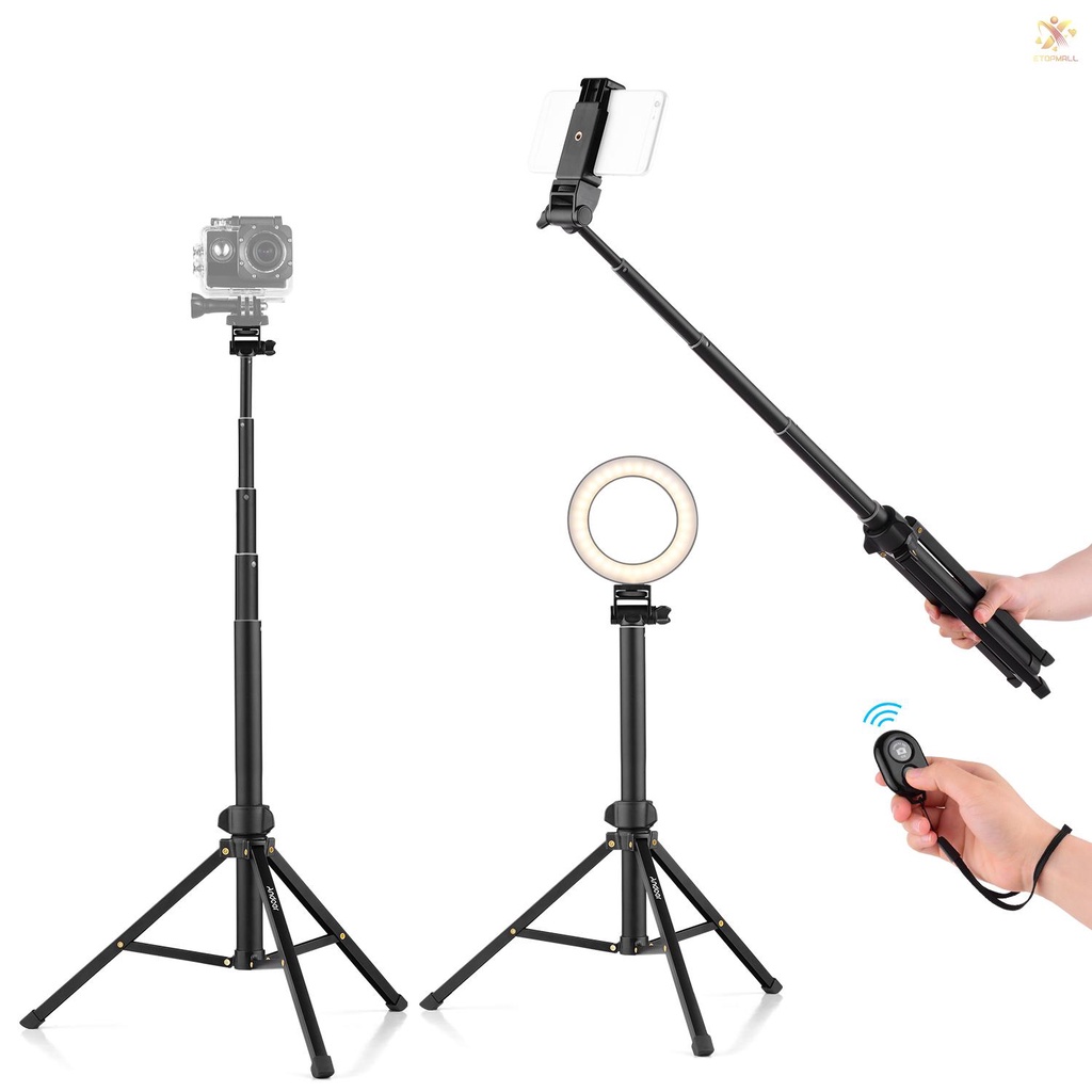 ET Andoer 1.5m/59in 2-in-1 Tripod Stand + Extendable Selfie Stick Aluminum Alloy with Phone Holder Remote Shutter Compatible with  Android Phones for Selfie Group Photo Live Streaming