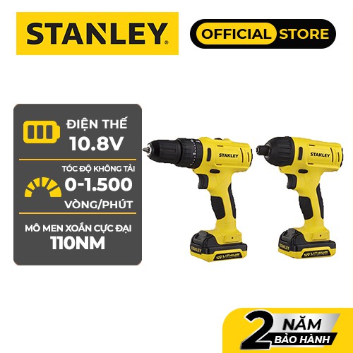 Bộ 2 máy: khoan + vặn vít dùng pin 12V Stanley SCHI121S2FK, Tặng kèm áo thun Stanley chính hãng