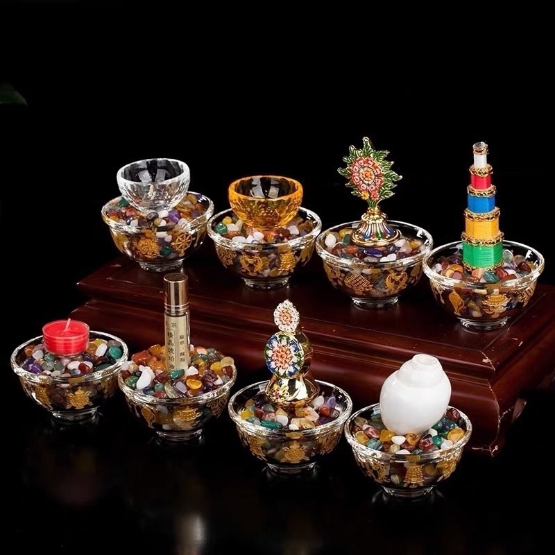 Chén pha lê Bát Kiết Tường cúng nước và 8 món cúng dường