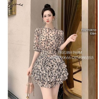 Đầm họa tiết xòe tầng cổ tròn tay lửng!