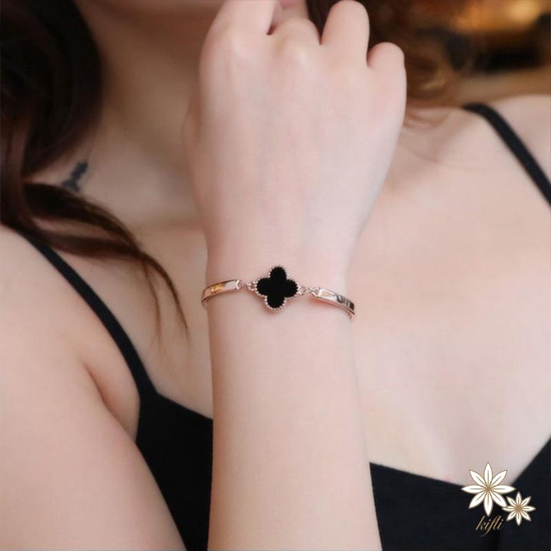 Vòng tay mạ vàng bằng thép titan hình cỏ bốn lá thời trang Hàn Quốc