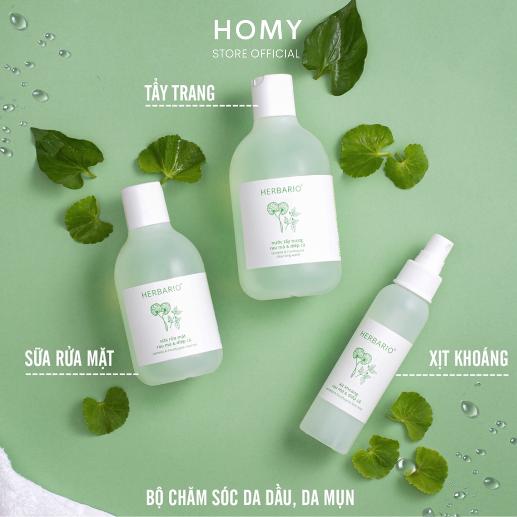 Bộ 3 chăm sóc da cơ bản từ nước tẩy trang 300ml, sữa rửa mặt 200ml, xịt khoáng 100ml rau má diếp cá Herbario