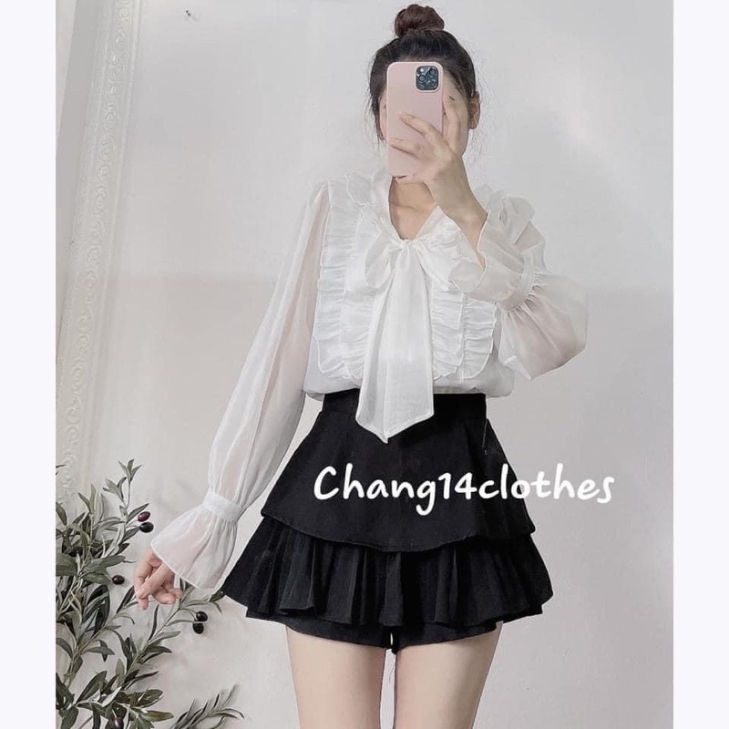 Áo sơ mi voan tơ cổ nơ tay cách điệu B22