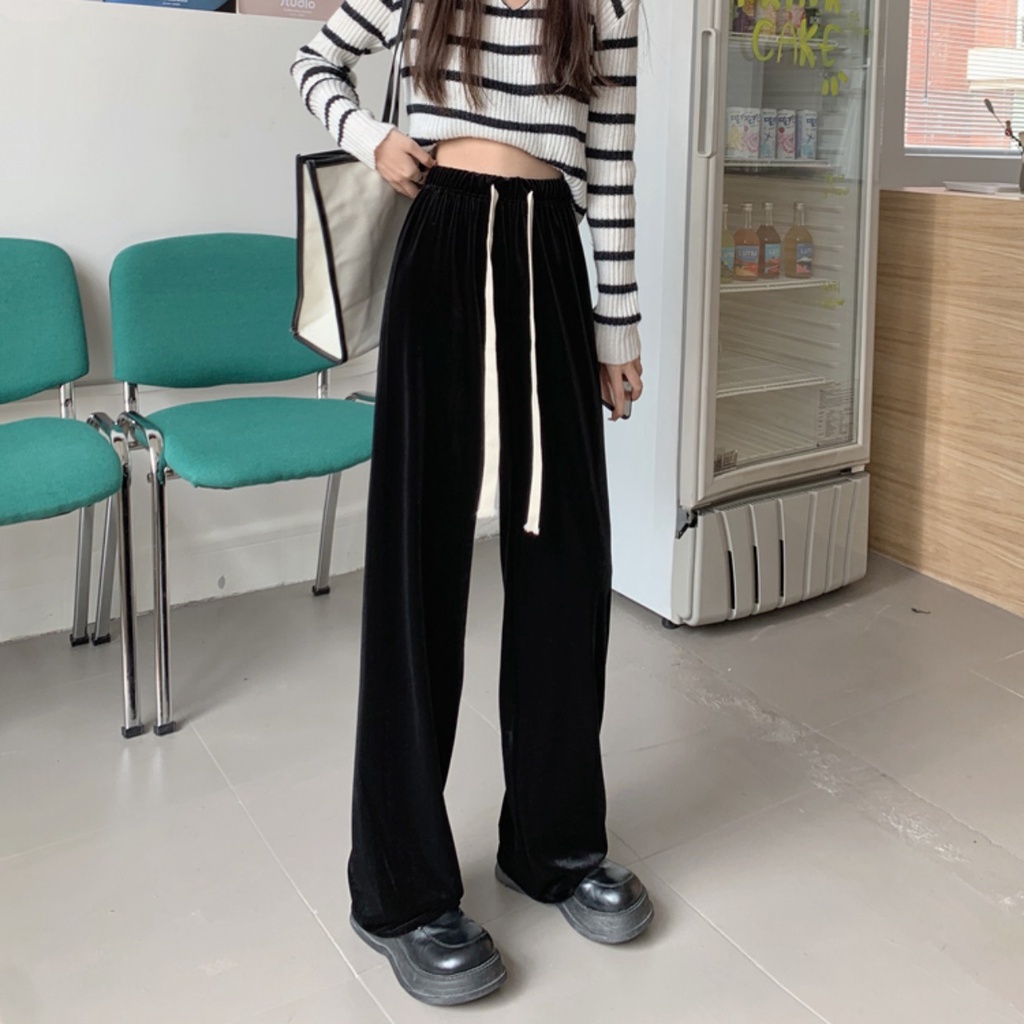 Quần Dài Lưng Cao Ống Đứng Có Dây Rút Kiểu Dáng Đơn Giản Dễ Phối Đồ Hàng Mới Cho Nữ