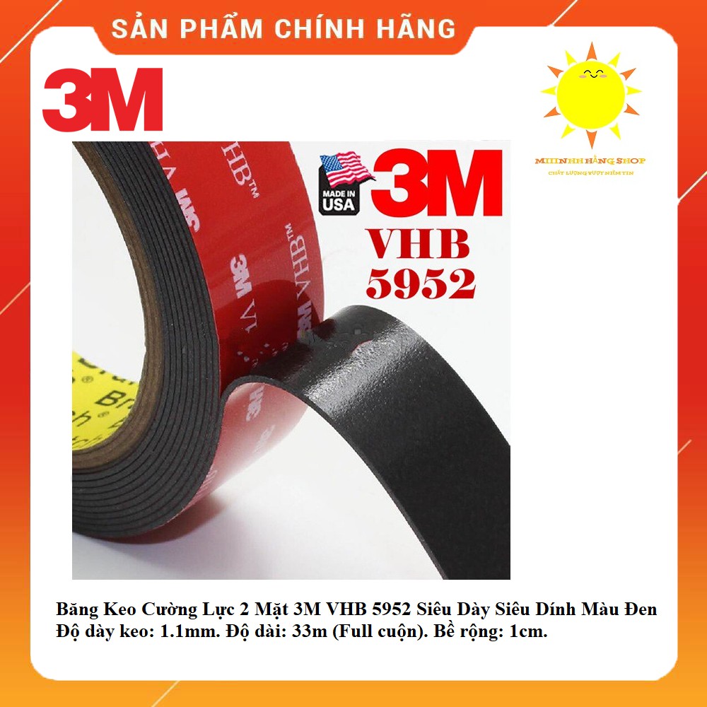 Băng Keo Cường Lực 2 Mặt 3M VHB 5952 Siêu Dày Siêu Dính Màu Đen (1.1mmx10mmx33m)