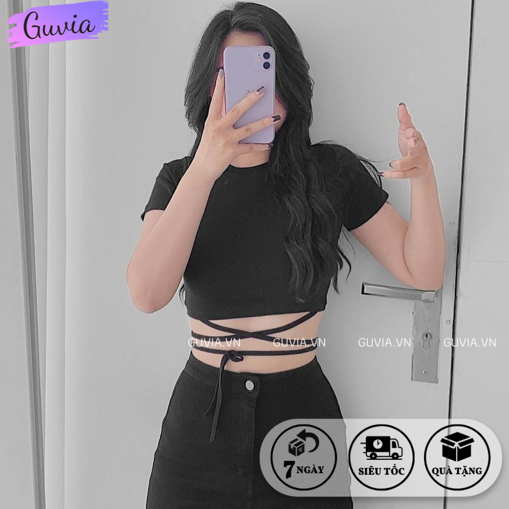 Áo Croptop Kiểu Nữ Dây Quấn Bụng Tay Ngắn Sexy Ôm Body GUVIA
