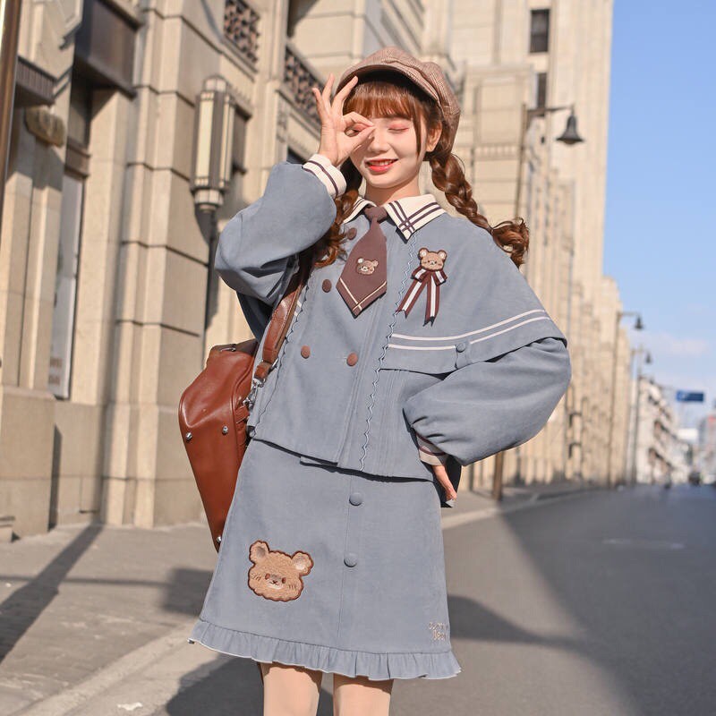 YAS0223-Set áo váy xanh xám cummy bear brand SNBL