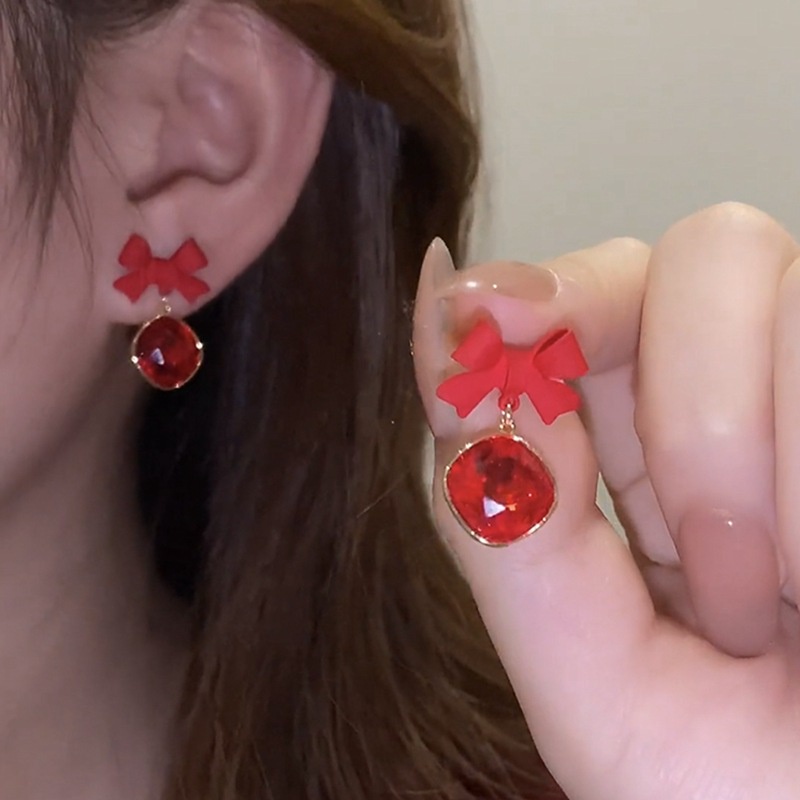 Khuyên Tai Cao Cấp Đính Nơ Đỏ Phong Cách Thời Trang 2022 Dành Cho Nữ