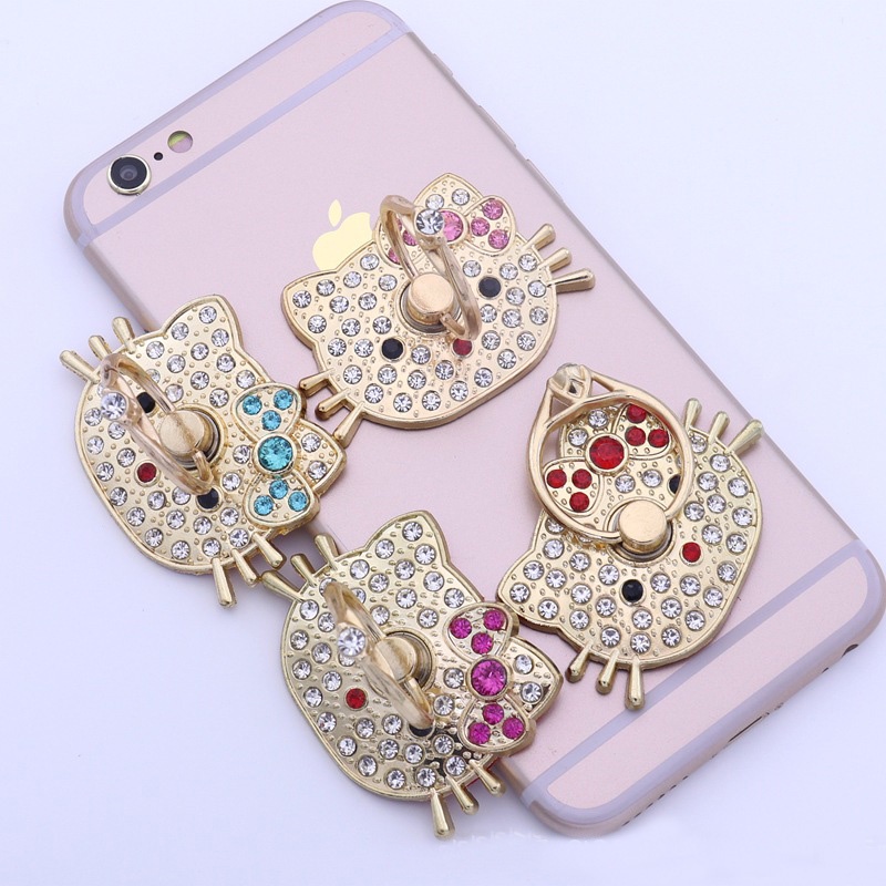 Nhẫn Đỡ Điện Thoại Bằng Kim Loại Đính Đá Kim Cương Nhân Tạo Hình Mèo Hello Kitty Chống Rơi Cho IPhone