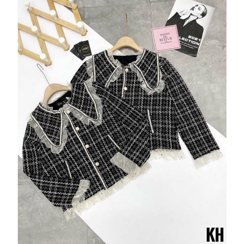 Áo khoác dạ nữ họa tiết caro cổ phối bèo piter sang chảnh Bling Store | BigBuy360 - bigbuy360.vn