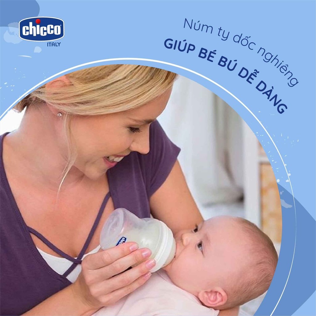 Bình sữa Chicco núm nghiêng Pisa Natural Feeling 2M+ 250ml + Hai Núm ty Chicco Natural Feeling điều chỉnh dòng chảy 4M+