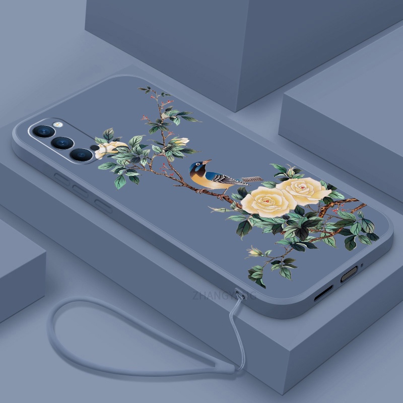 Ốp Điện Thoại TPU Mềm Họa Tiết Hoa Và Chim Có Dây Đeo Cho oppo reno 4 reno 5