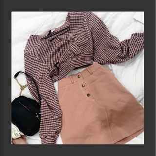 Chân Váy Mini skirt Basic Phối Cúc Hồng be Hàn Quốc
