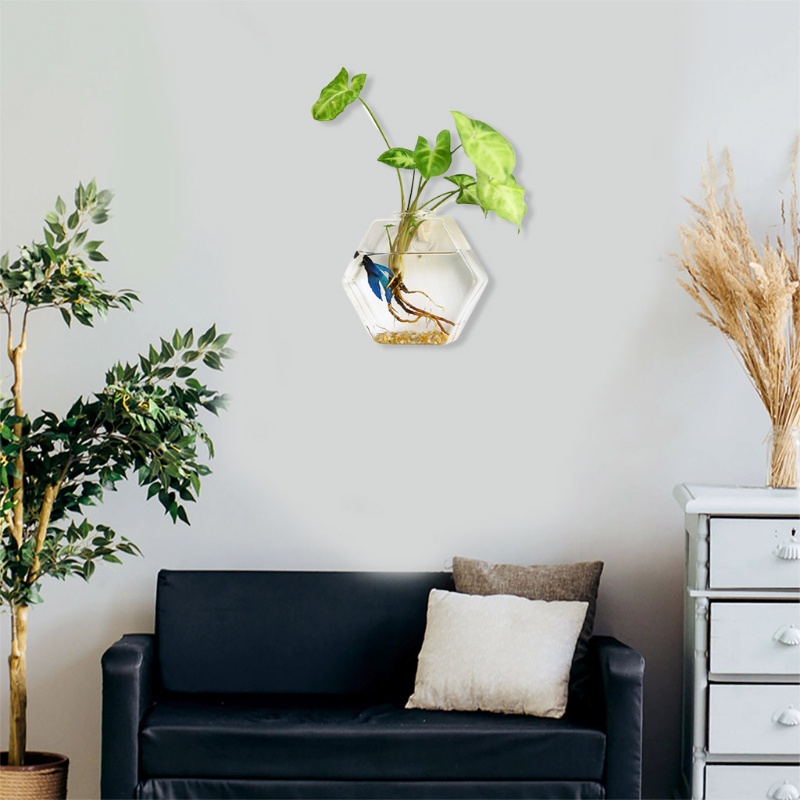 Bình Hoa Thủy Tinh Trong Suốt Hình Lục Giác Treo Tường Trang Trí Nội Thất DIY