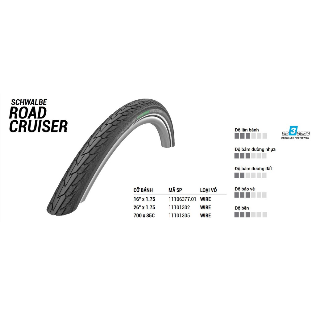 [CHÍNH HÃNG] Vỏ/ Lốp xe đạp không gấp Schwalbe Road Cruiser Tire 26&quot; x 1.75 (47-559) (1 cái)