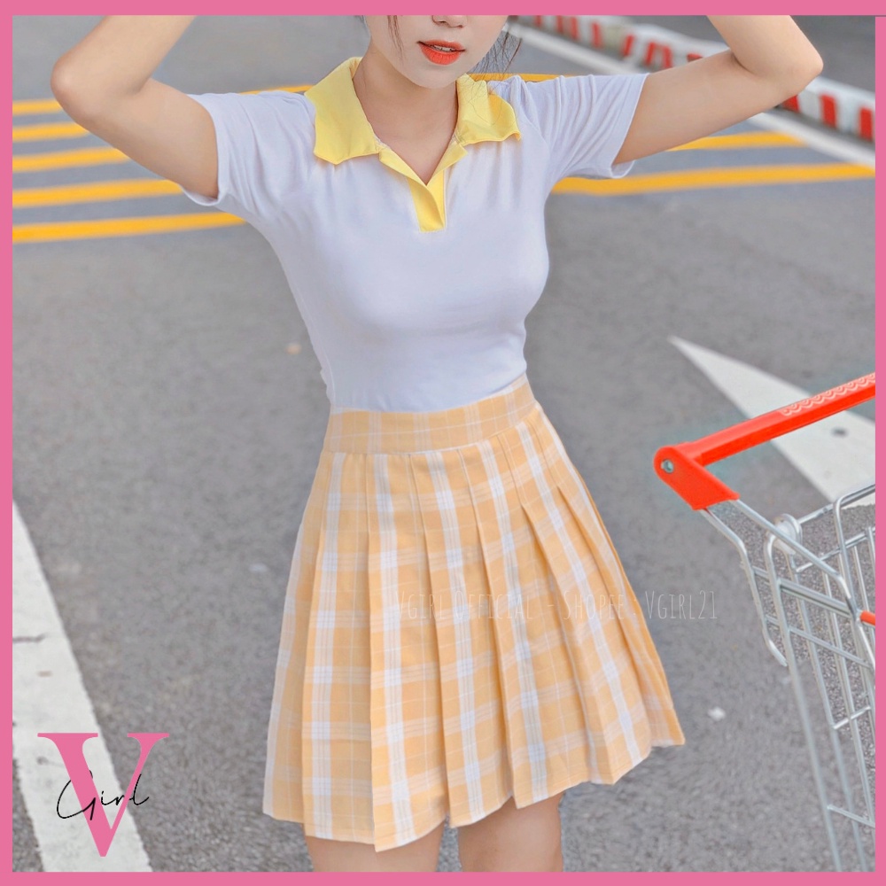 Chân váy xếp ly xoè caro nữ VGIRL lưng cao có nhiều màu dáng chữ A