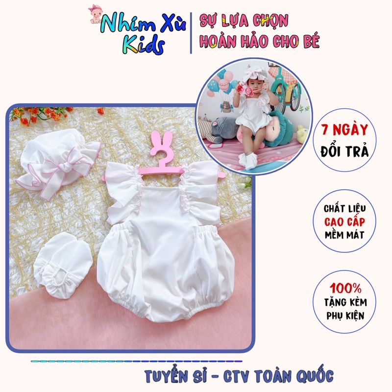 Body Trắng Viền Hồng Bé Gái 3 Đến 12kg, Bodysuit Kèm Nón Và Giày Vải Cho Bé [A053]