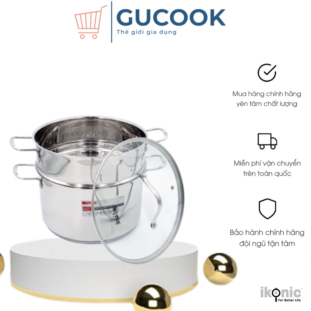 Bộ nồi xửng hấp Inox có nắp kính IKONIC IK5511 Siêu bền Inox 304 18/10 chống ăn mòn đáy nồi 5 lớp dùng cho mọi loại bếp