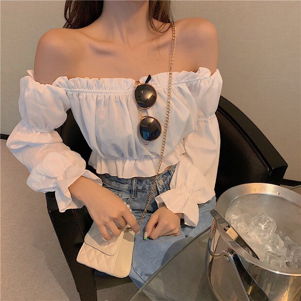 ÁO TRỄ VAI TIỂU THƯ CHUN BỒNG TAY DÀI VIỀN BÈO NHÚN ULZZANG - ÁO TRỄ VAI CROPTOP ĐEN TRẮNG