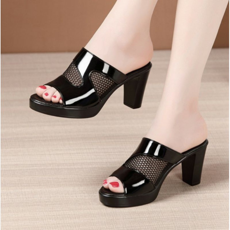 Dép cao gót khuyết eo phối lưới 7f